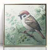 Framed wall art featuring a vibrant garden bird design with gold-accented acrylic front, ideal for adding elegance and color to home decor. Perfect for nature lovers.