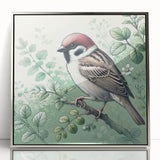 Framed wall art featuring a vibrant garden birds design, showcasing colorful avian illustrations on a sleek silver-acrylic background, ideal for home decor.