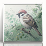 Framed wall art featuring a vibrant garden birds design, showcasing colorful birds on a white background, ideal for home decor or nature-themed spaces.