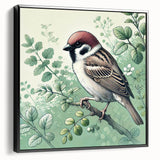 Framed wall art featuring a vibrant garden scene with colorful birds perched on branches, displayed from a black side view, ideal for nature lovers' decor.