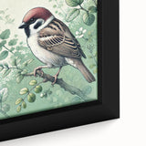 Close-up of a beautifully framed canvas wall art piece showcasing vibrant garden birds in a colorful design, perfect for enhancing home decor and nature-themed spaces.