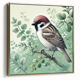 Framed wall art featuring a vibrant collection of garden birds in gold tones, showcasing intricate details and textures, perfect for adding elegance to home decor.