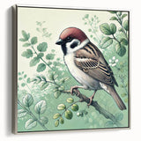 Framed wall art featuring a vibrant collection of garden birds, displayed in a sleek silver frame. The design showcases detailed illustrations of various bird species, enhancing home decor.