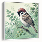 Framed wall art featuring a vibrant garden birds design with a white border, showcasing colorful birds perched on branches, perfect for enhancing home decor.