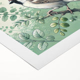 Vibrant rolled canvas wall art showcasing an intricate design of colorful garden birds perched among lush foliage, ideal for nature-themed decor.