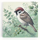 Stretched canvas artwork showcasing a vibrant collection of garden birds, featuring detailed illustrations in bright colors, perfect for enhancing home decor.