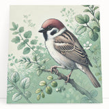 Colorful stretched canvas wall art showcasing a vibrant garden birds design, featuring various species perched among lush foliage, ideal for home decor.