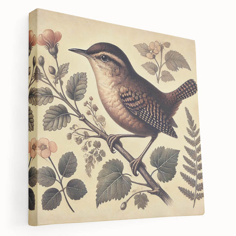 Stretched canvas wall art featuring vibrant garden birds design, showcasing colorful avian illustrations against a natural backdrop, perfect for home decor.