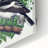 Close-up of a vibrant wall art collection featuring various garden birds in intricate designs, printed on acrylic glass, showcasing bright colors and detailed patterns.