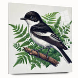 Acrylic glass wall art featuring a vibrant garden birds design, displayed from the side to showcase its sleek profile and vivid colors, perfect for nature lovers.