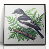 Framed wall art featuring a vibrant garden birds design, showcasing various colorful species perched among lush foliage, set against a sleek black frame.