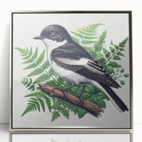 Framed wall art showcasing a vibrant garden birds design with intricate details, set in a sleek silver frame, perfect for adding nature-inspired decor to any space.