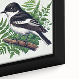 Framed close-up of a colorful garden birds design wall art collection, showcasing vibrant avian illustrations in a contemporary style, perfect for home decor.