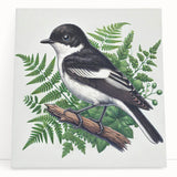 Vibrant stretched canvas wall art showcasing colorful garden birds in a serene setting, perfect for adding a touch of nature to home decor.