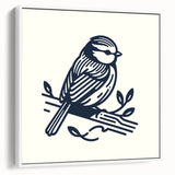 Framed wall art featuring a vibrant design of various garden birds perched on branches, displayed in a sleek white frame, enhancing home decor with nature-inspired elegance. Perfect for bird lovers and nature enthusiasts.