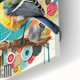 Colorful close-up of an acrylic glass wall art piece showcasing a vibrant design of various garden birds perched amidst lush foliage, perfect for nature lovers.