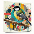 Acrylic wall art featuring a vibrant garden birds design displayed from a side view, showcasing its sleek edges and included mounting pins, perfect for home decor enthusiasts.