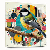 Acrylic wall art featuring a vibrant garden birds design displayed from a side view, showcasing its sleek edges and included mounting pins, perfect for home decor enthusiasts.