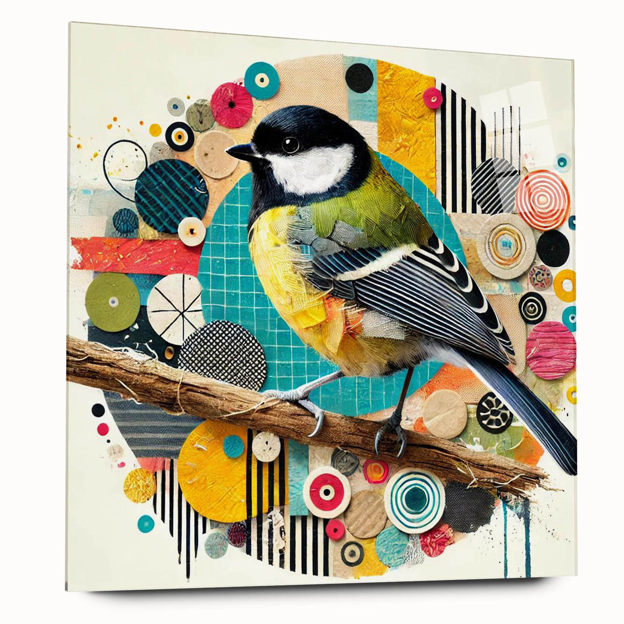 Side view of a contemporary acrylic wall art piece showcasing a vibrant garden birds design, perfect for home decor, emphasizing colorful details and texture.
