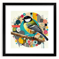Framed wall art depicting a colorful collection of garden birds, featuring intricate designs and a sleek black frame with a mat, perfect for home decor.