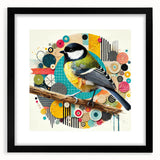 Framed wall art depicting a colorful collection of garden birds, featuring intricate designs and a sleek black frame with a mat, perfect for home decor.