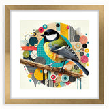 Framed wall art featuring a vibrant garden bird design in gold frame, showcasing intricate details of various colorful birds, perfect for home decor enhancement.