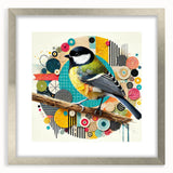 Framed wall art collection showcasing a vibrant design of various garden birds, with a sleek silver frame and matting, perfect for enhancing home decor.