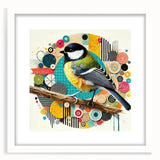 Wall art collection featuring a framed design of various garden birds in vibrant colors, set against a white mat, perfect for nature-themed decor.