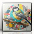 Framed wall art displaying a vibrant design of various garden birds in a colorful array, set against a black background, ideal for home decor enthusiasts.