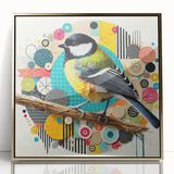 Framed acrylic wall art showcasing colorful garden birds perched on branches, featuring a gold frame that enhances the vibrant design. Perfect for nature-themed decor.