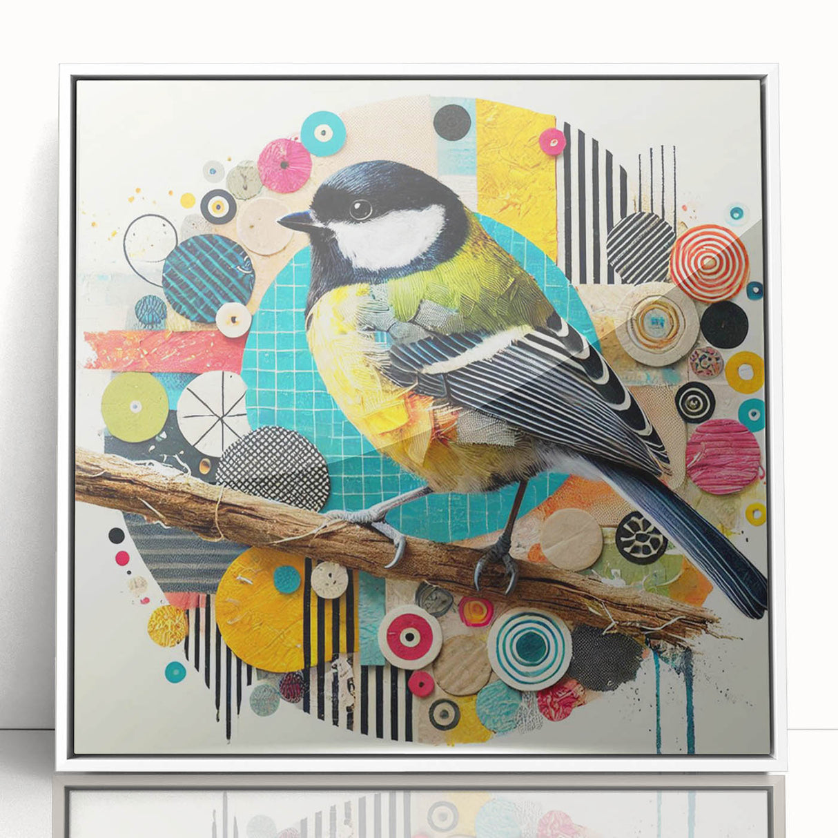 Framed wall art featuring a colorful garden birds design on a white background, showcasing vibrant birds and floral elements, perfect for home decor.