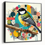 Framed canvas wall art showcasing a vibrant garden birds design with a black frame, ideal for home decor, adding color and nature-inspired aesthetics to any room.