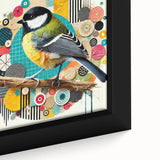 Close-up of a framed canvas wall art piece showcasing vibrant garden birds in a colorful design, perfect for nature-inspired home decor.