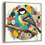 Framed canvas wall art showcasing a vibrant garden bird design with intricate details, presented in a sleek silver frame, ideal for enhancing home decor.