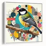 Framed canvas wall art depicting colorful garden birds in a vibrant design, showcasing detailed illustrations against a white background, perfect for home decor.