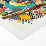 Colorful rolled canvas wall art depicting various garden birds perched on branches amidst lush greenery, showcasing intricate details and vibrant hues for home decor.