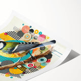 Colorful garden birds wall art print featuring a variety of species perched on branches, designed for nature enthusiasts. Ideal for home decor or gifts.