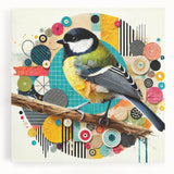 Vibrant stretched canvas wall art design showcasing a collection of colorful garden birds perched among lush greenery, perfect for nature-inspired decor.