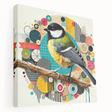 Stretched canvas wall art showcasing vibrant garden birds in a natural setting, featuring rich colors and intricate details, perfect for home decor enthusiasts.