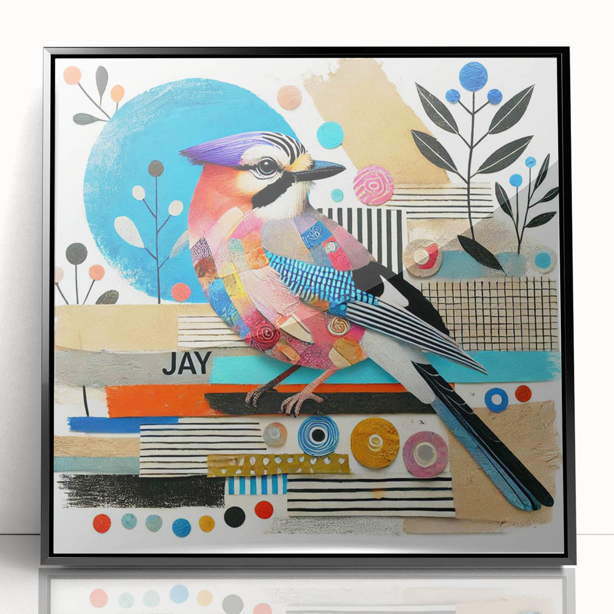 Framed wall art collection showcasing a vibrant garden birds design, featuring an acrylic front for a sleek finish and black frame, perfect for nature lovers.