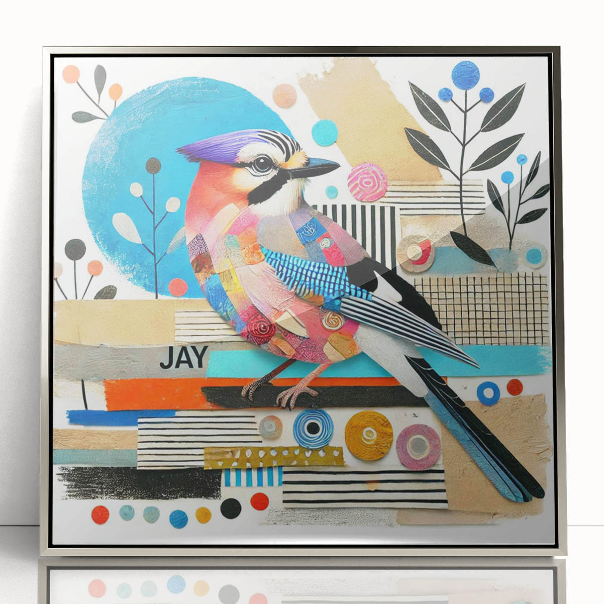 Framed wall art featuring a vibrant garden birds design in acrylic, showcasing colorful bird illustrations against a sleek silver frame, perfect for home decor.
