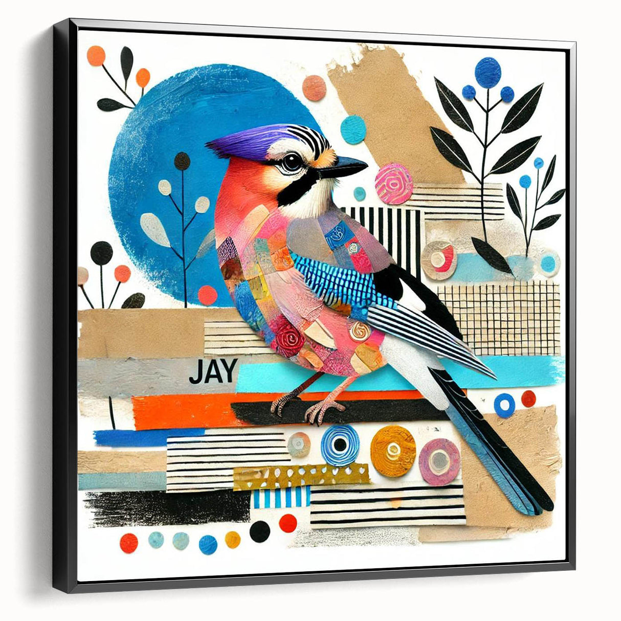 Framed wall art showcasing a colorful garden birds design on canvas, featuring a sleek black frame that enhances the vibrant artwork, perfect for home decor.