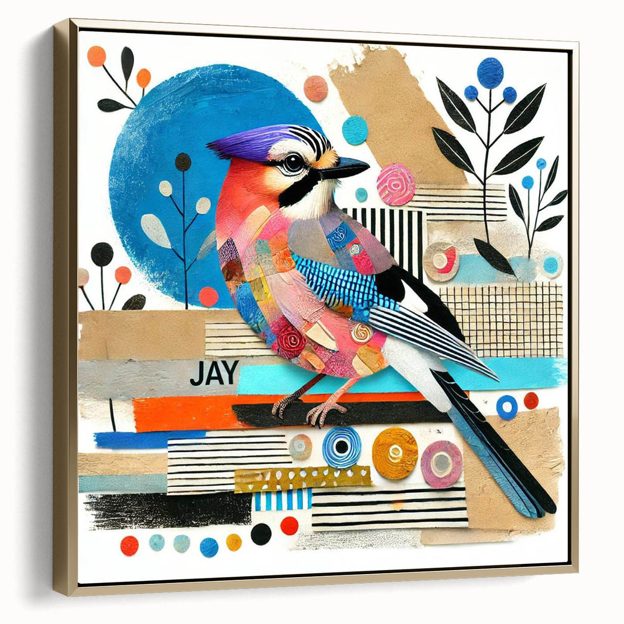 Framed wall art showcasing a collection of colorful garden birds on a textured canvas, with a gold frame adding elegance, ideal for nature-themed decor.