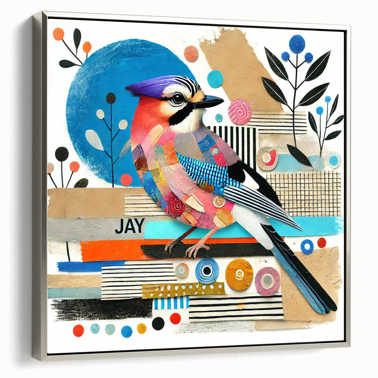 Framed canvas wall art depicting a vibrant garden scene with colorful birds, set against a silver frame, perfect for enhancing home decor.