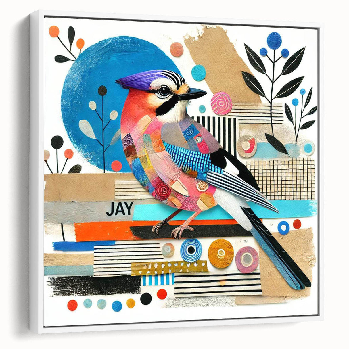 Framed wall art featuring a colorful garden bird design, showcasing vibrant hues of blue, yellow, and green, perfect for home decor or nature enthusiasts.