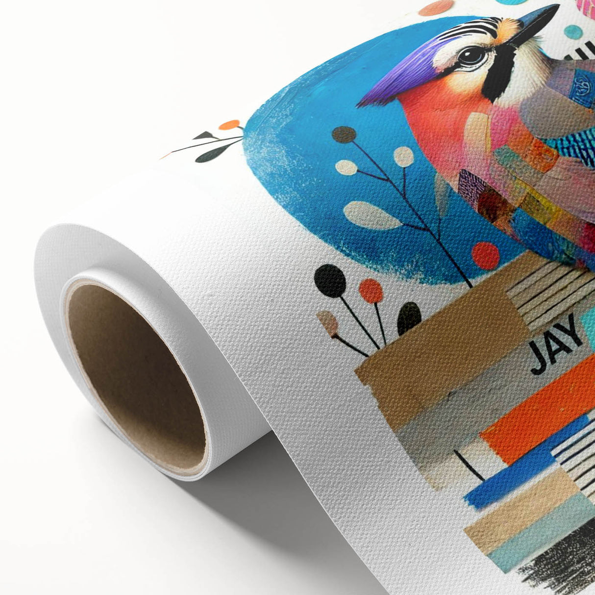 Colorful rolled canvas wall art showcasing a collection of garden birds in a vibrant design, ideal for home decor, packaged securely in a protective tube.