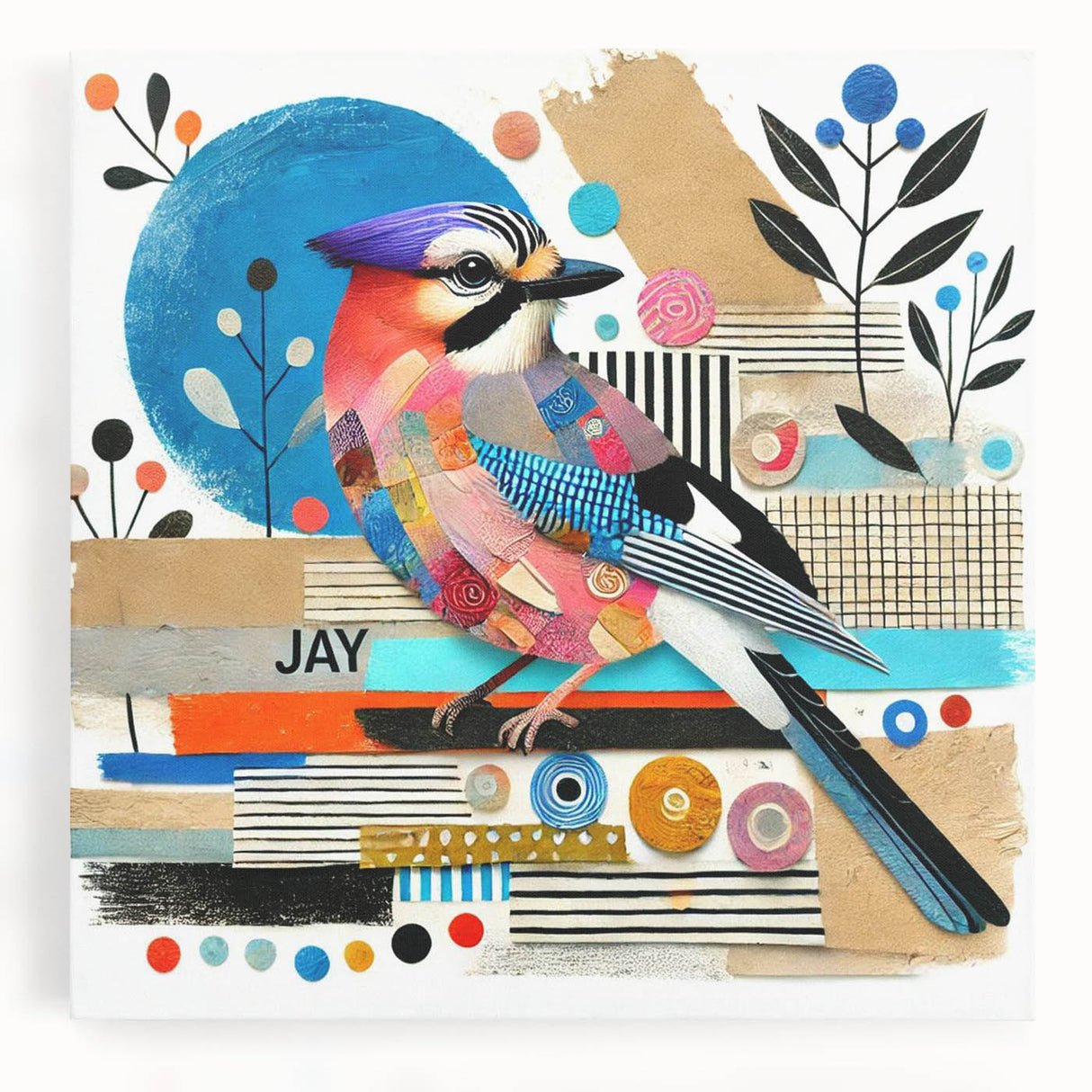 Stretched canvas wall art showcasing a vibrant collection of garden birds in various colors, perfect for nature enthusiasts and home decor. Ideal for living spaces.