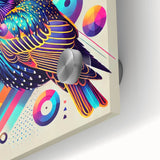 Close-up of a vibrant garden birds wall art design, showcasing colorful birds perched among lush foliage, printed on acrylic glass for a modern decor accent.