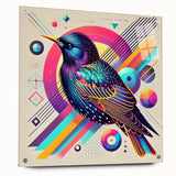 Acrylic glass wall art display featuring a vibrant garden bird design, showcasing colorful birds perched on branches, elegantly mounted with pins for a sleek presentation.