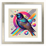 Framed wall art featuring a vibrant collection of garden birds in a silver frame with matting, showcasing intricate details and colors, perfect for home decor.